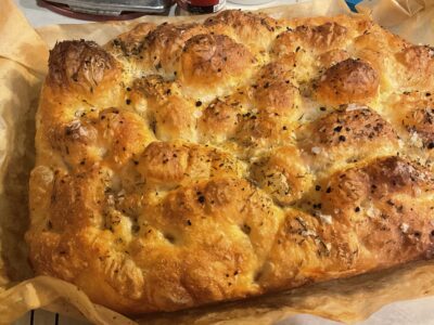 Pic of rosemary, Urfa chili, and smoked salt focaccia right out of the oven.