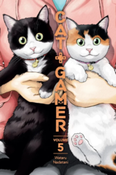 Cat + Gamer vol 5 cover, shows 2 happy cats being held
