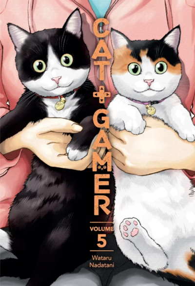 Cat + Gamer vol 5 cover, shows 2 happy cats being held
