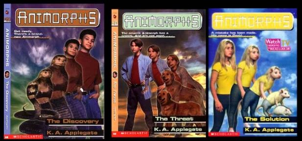 Three animorphs book covers: The Discovery, The Threat, and The Solution. Marco transforms into a cobra, Jake transforms into a golden retriever, and Rachel transforms into a white rat.