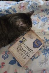 Copy of Assassin's Apprentice on a bed with a cat