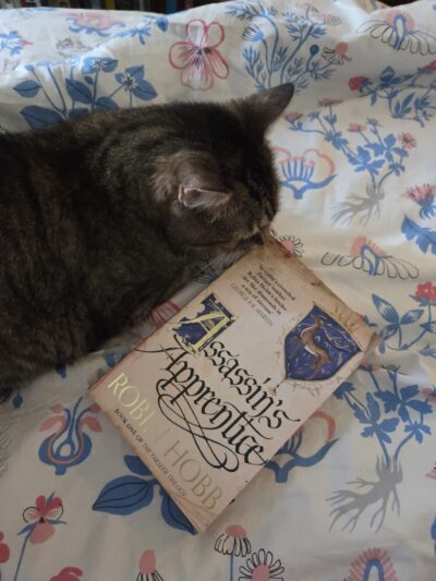 Copy of Assassin's Apprentice on a bed with a cat