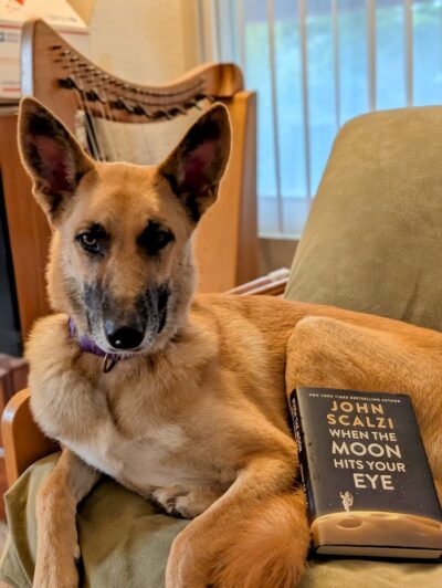 A German shepherd dog curled around the book, "When the Moon Hits Your Eye" by John Scalzi.