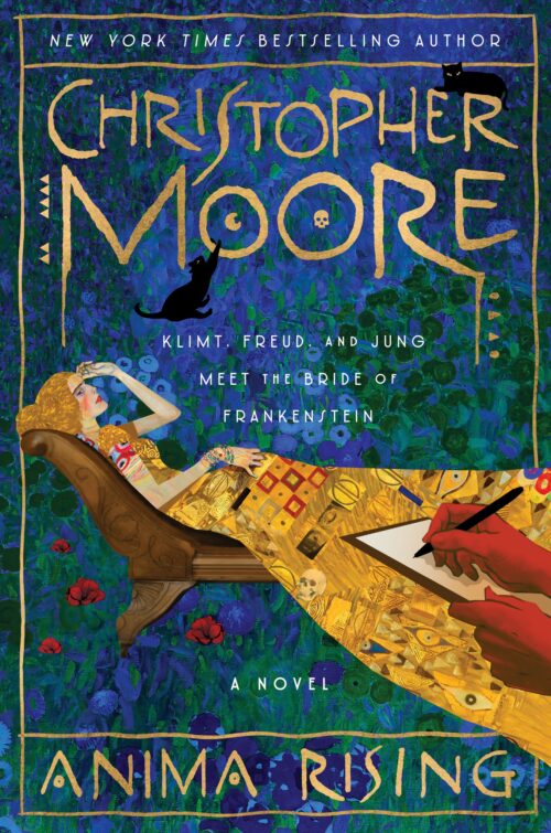 Cover of Anima Rising by Christopher Moore. An elegantly dressed woman lying on a therapist's couch with a Klimt painting in the background.